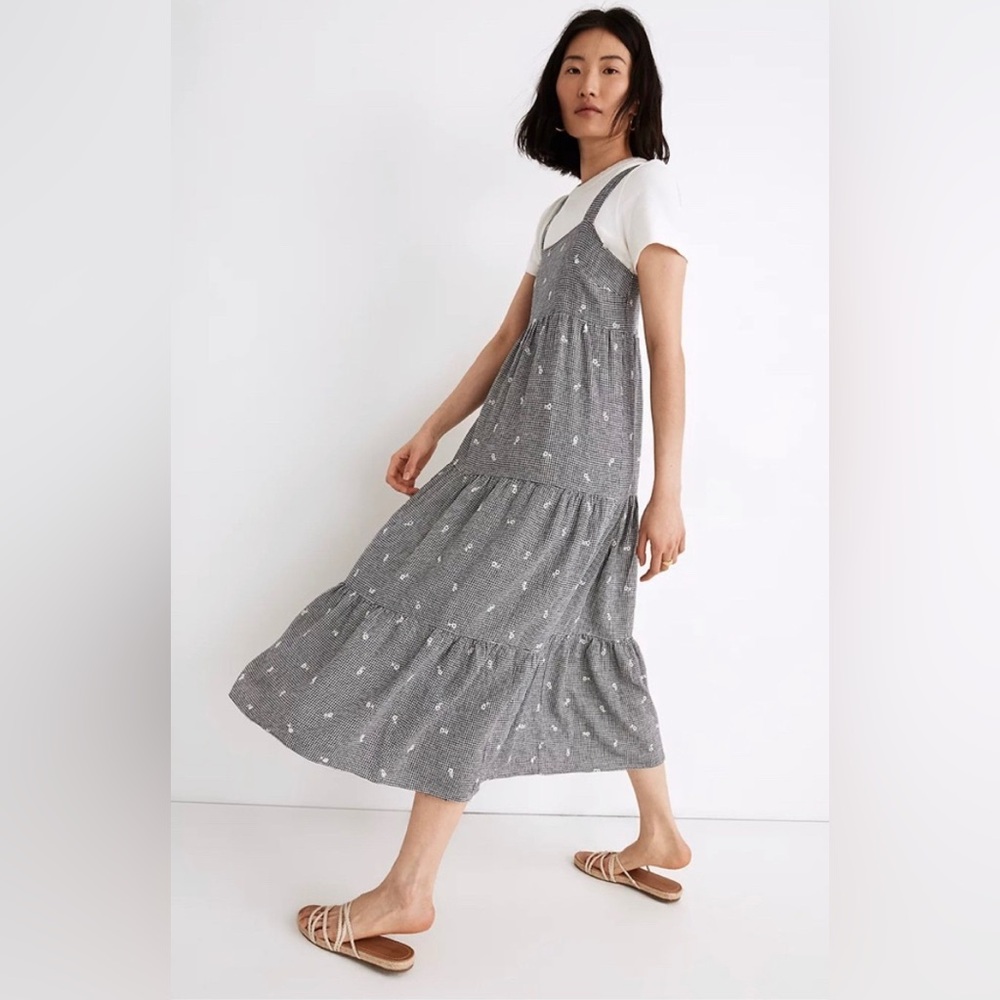 Madewell tiered gingham embroidered dress